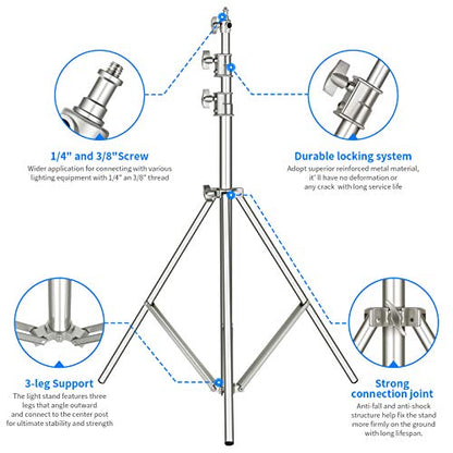 NEEWER 118"/3m Stainless Steel Light Stand, Spring Cushioned Heavy Duty Photography Tripod with 1/4" to 3/8" Universal Screw Adapter for Strobe, LED Video Light, Ringlight, Monolight, Softbox | Photography Tripod with 1/4" to 3/8" Universal Screw Adapter