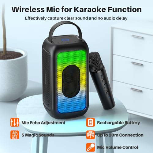 Bobtot Portable Bluetooth Speaker with 2 Mics, 16H Playtime, Black | Karaoke Speakers Singing Machine with 2 Wireless Microphones, Magic Sound, Echo, EQ Mode - color: Black, size: With 2 Mics