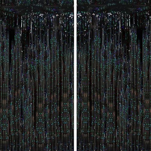 Voircoloria Laser Black Foil Fringe Backdrop Curtains,3.3x6.6ft, 2 Pack - color: Laser Black