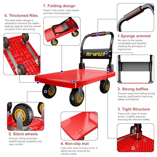 Hand Cart Dolly, Push Cart with 360 Swivel 5'' Wheels, 1200LBS Capacity, Dolly Cart with Wheels Warehouse Cart for Groceries, Garage, Warehouse - Red