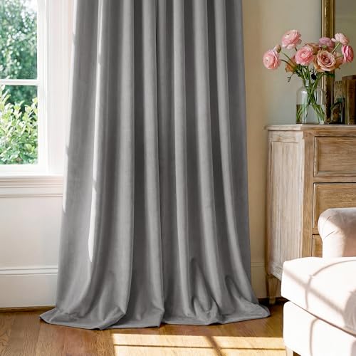 StangH Light Grey Velvet Energy Saving Privacy Drapes, W52 x L84, 2 Pcs | 300GSM Soft Velvet, Thermal Insulated, Noise Reducing, UV Blocking, Living Room, Bedroom Summer Heat & Winter Chill Insulated - color: Achromatic Series - Light Grey, size: 52"W x 8