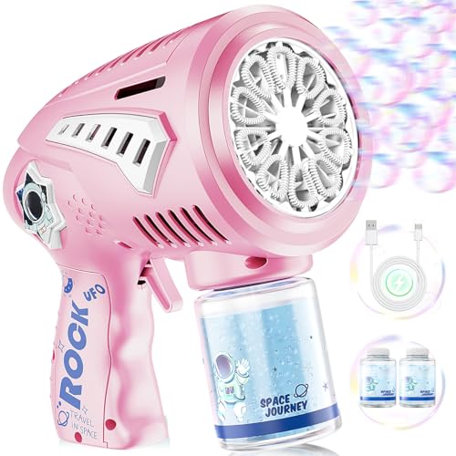 Bubble Gun - USB-C Rechargeable Bubble Machine with Larger-Size Bubbles Design & LED Light - Toys Gifts Ideas Age 3-15 for Boys Girls Party Favors Birthday Easter - color: Pink