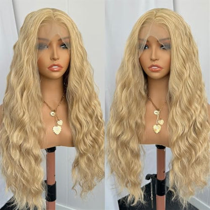 RDY Ash Blonde Long Body Wave Lace Front Synthetic Wig 24inch Mix Blonde Loose Wavy Lace Front Wigs for Women Heat Fiber Hair Half Hand Tied Cosplay Daily Use Wig - color: Ash Blonde
