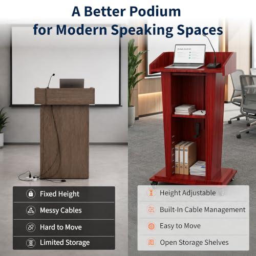 MOOFI Height Adjustable Wooden Podium Lectern with Wheels, Mobile Rolling Presentation Stand with Storage Shelves, Teacher Podium for Classroom, Church, Office and Conference Room (Cherry) - color: Cherry