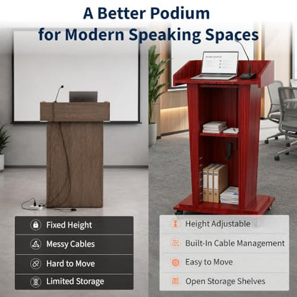 MOOFI Height Adjustable Wooden Podium Lectern with Wheels, Mobile Rolling Presentation Stand with Storage Shelves, Teacher Podium for Classroom, Church, Office and Conference Room (Cherry) - color: Cherry