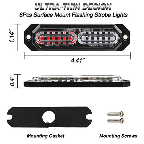 ASPL 8pcs Sync Feature Ultra Slim 12-LED Surface Mount Flashing Strobe Lights for Truck Car Vehicle LED Mini Grille Light Head Emergency Beacon Hazard Warning Lights (Red/Blue) - color: Red/Blue, size: 4.41L x 0.44W x 1.14H Inch