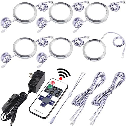 Curio Cabinet Lights Kit, Over Under Counter LED Puck Lights, Low Profile 0.3", 120V Wall Plug in, RF Wireless Remote Control Dimmable, Linkable, White Cables, Daylight 6000K, 6 Lights - color: 6 Lights, Daylight