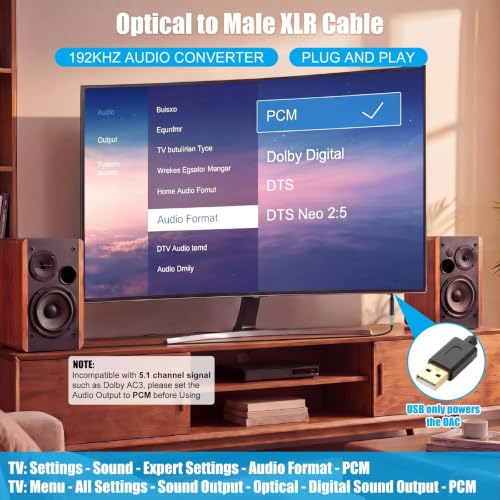 Sabary 192KHz DAC Optical to XLR Converter, 3.3 Ft Optical Cable to Unbalanced Male XLR Audio Cord Adapter, Digital to Analog Audio Converter for HDTV, DVD, Set-Top Boxes