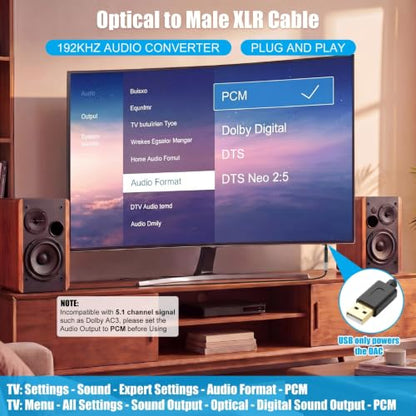 Sabary 192KHz DAC Optical to XLR Converter, 3.3 Ft Optical Cable to Unbalanced Male XLR Audio Cord Adapter, Digital to Analog Audio Converter for HDTV, DVD, Set-Top Boxes