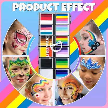 Drawdart Professional Face Painting Kit for Kids Adults, Rainbow Split Cake Face Paint Makeup Palette 12 x 10gm+ 4 Colors Pro Pressed Glitter Eyeshadow Palette, with Brushes Sponges Stencils Gems - color: Classic