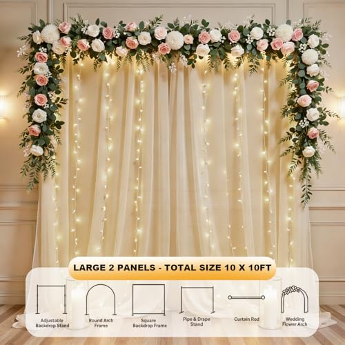 10 FT x 10 FT Champagne Backdrop Curtain - Tulle Backdrop Curtain with 9.8FT Lights String - Sheer Backdrop Curtains with 4 Inch Rod Pockets for Birthday Party Weddings Baby Shower Photo Booth Props - color: Champagne, size: 10ft×10ft