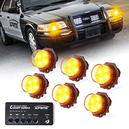 Xprite Amber LED Hideaway Strobe Lights Kit, 20 Flash Modes w/Control Panel Headlights Taillights Fog Light Interior Mounting for Construction Towing Snow Plow Pickup Work Trucks Cars 6 PCS - color: Amber, size: 6 pcs