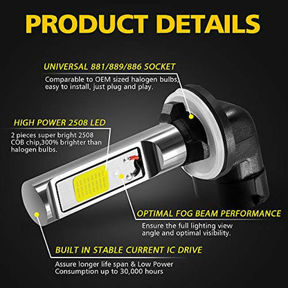 881 889 886 894 862 896 898 LED Fog Light Bulbs 6000K Xenon White, Super Bright High Power COB Chips LED Fog Daytime Running Lights DRL Bulbs Replacement for Cars, Trucks (Pack of 2)