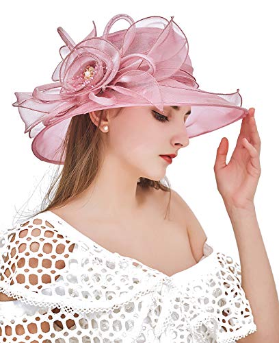 Women Derby Fascinator Hat Organza Church Wedding Hats Wide Brim Cocktail Tea Party Hat - color: 08 Pink