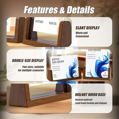 Walnut Wood U-Base 5"x7"Sign Holder Set – Premium U-Shaped Tabletop Display Stand with Clear Acrylic Panels,4Pack (3 Vertical + 1 Horizontal)5*7inches – Ideal for Photo, Menu, QR Code, Café, Home Décor