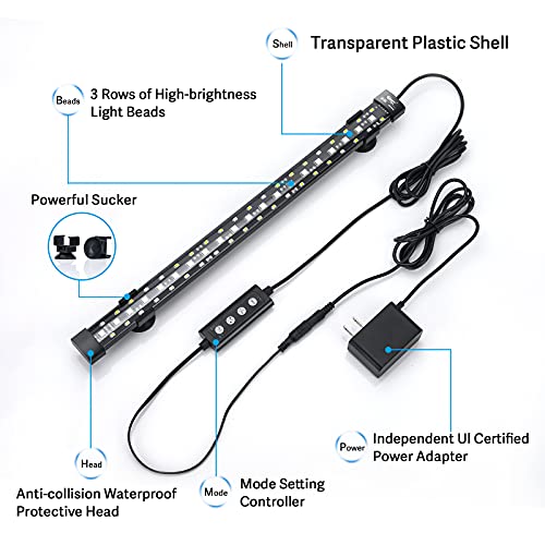 hygger 24/7 Mode Submersible Aquarium LED Light, Full Spectrum Hidden Fish Tank Light with 3 Rows Beads 7 Colors Auto On Off Sunrise-Daylight-Moonlight, Adjustable Timer Brightness - size: 27.4in 16W