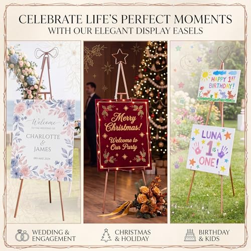 RattanView Adjustable Rose Gold Easel Stand for Sign with 3 Toppers 62" | Metal Display for Wedding Board Poster Picture, Bow Star Heart Toppers, Sturdy Tripod for Paintings Photos Art