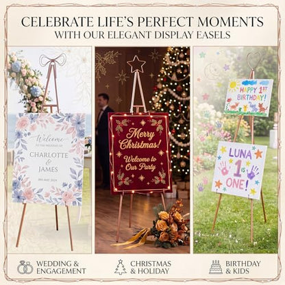 RattanView Adjustable Rose Gold Easel Stand for Sign with 3 Toppers 62" | Metal Display for Wedding Board Poster Picture, Bow Star Heart Toppers, Sturdy Tripod for Paintings Photos Art