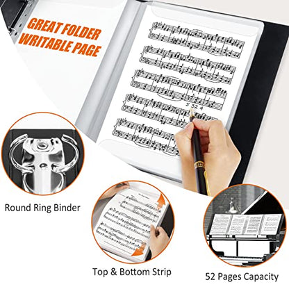 tutata Sheet Music Folder, 8.5 x 11 Music Binder, Writable Sleeves, Black | Less Page-Turning, 4 Page Expand, 52 Pockets, Letter Size Choir Folder