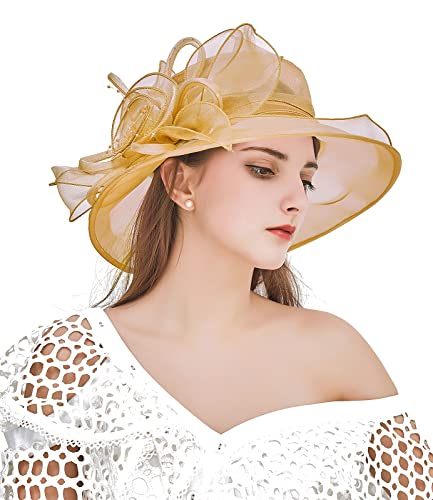 Women Derby Fascinator Hat Organza Church Wedding Hats Wide Brim Cocktail Tea Party Hat - color: 08 Khaki Gold