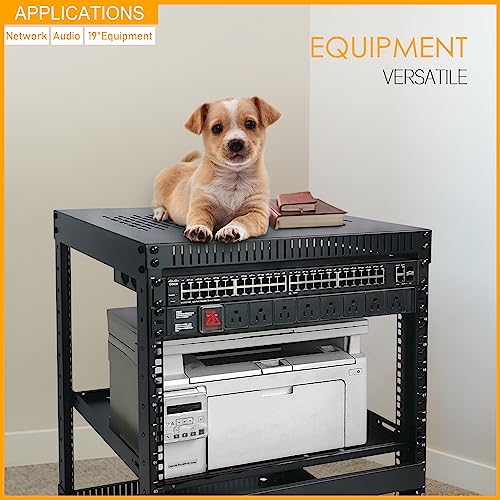 RIVECO 12U Network Rack with Reinforced Top Cover - 4 Post Floor Rack on Wheels for 19" Equipment & Stereo Gear- Including Rack Mount Power Strip & 1PCS 1U Rack Shelf - size: 12U