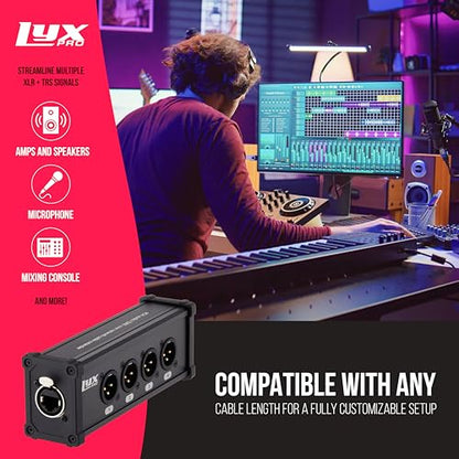LyxPro 4-Channel Male XLR to RJ45 Ethercon Breakout Box, Ground Lift | 4 male 3-pin XLR channels over one Cat6 cable up to 330 ft; supports analog audio, AES & DMX with built-in ground lift. - size: Male - No Cables