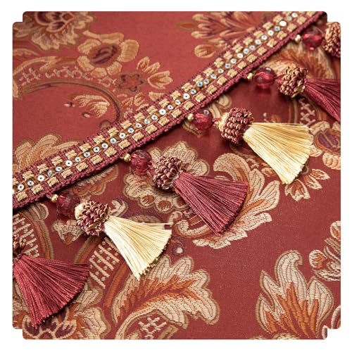 Leeva Baroque Burgundy Waterfall Valance, 59-Inch Wide Jacquard Swag Valance with Damask Pattern, Beaded Tassel & Rod Pocket for Bedroom Living Room Windows - color: *Red, size: 59"W x 45"L (Pack of 1)