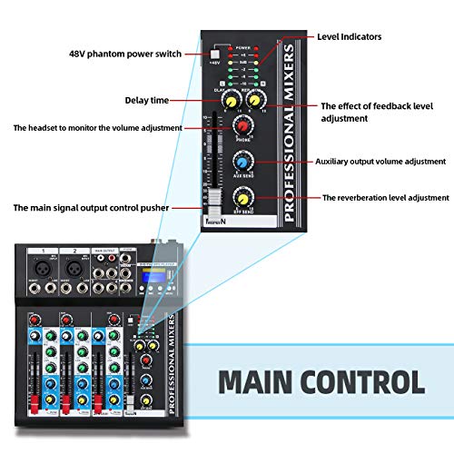 Depusheng HT4 Bluetooth Compatible Professional Portable Digital DJ Console w/USB 4 Channel Mixer Audio Interface-Mixing Boards For Studio Recording, Black - size: 4-Channel Mixer
