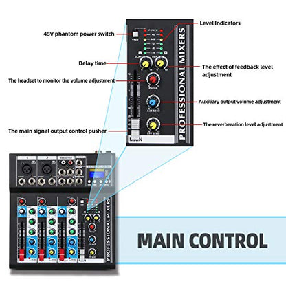 Depusheng HT4 Bluetooth Compatible Professional Portable Digital DJ Console w/USB 4 Channel Mixer Audio Interface-Mixing Boards For Studio Recording, Black - size: 4-Channel Mixer