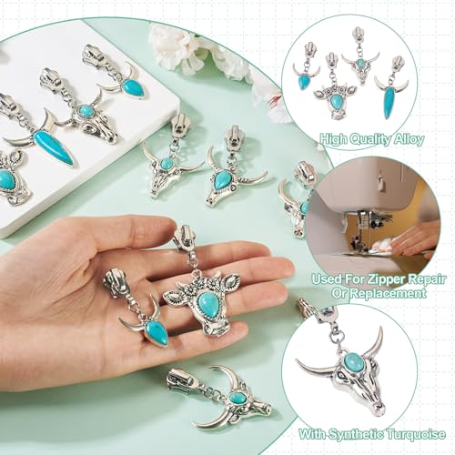 Sparkeads 14Pcs Turquoise Alloy Zipper Replacement Slider,Antique Silver Zippers Sliders for Sewing,Metal Zipper Pull Replacement for DIY Craft Bag Luggage Clothing Wallet Jacket Supplies-Cattle Head - style: Cattle Head