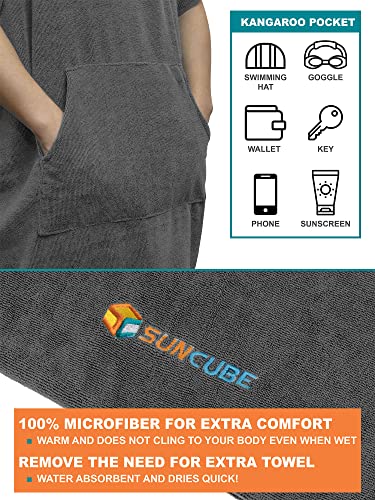 SUN CUBE Surf Poncho Changing Robe with Hood, Wetsuit Changing Hooded Towel | Thick Quick Dry Microfiber, Wetsuit Changing Towel, Surfing Beach Swim Outdoor Sports Cover Up, Adult Wearable Poncho - color: Grey
