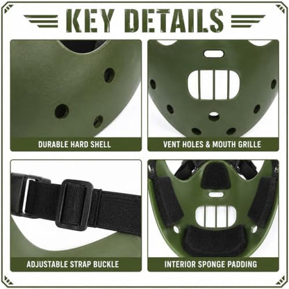 Hannibal Lecter Mask Cosplay The Silence of The Lambs Half Face Resin Mask | Halloween Costume Prop, Durable Resin, Sponge Pads, Adjustable Buckle Straps, Open Mouth Cage, Adult, for Role Play Party - color: Green