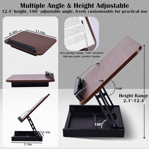 Wooden Book Stand for Reading with Storage Box Non-Slip Base | Adjustable Height & Angle, Foldable Desktop Riser with Page Clip, Hands Free, for Kitchen Counter, Cookbook, Recipe, Laptop