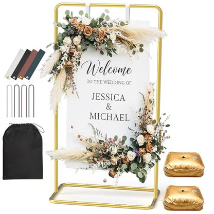 Wedding Welcome Sign Stand, Adjustable 50/68 Inch Metal Sign Holder, Gold | Overall size 68 x 31 x 20 in; ideal for seating charts, bridal showers, baby showers, graduations and ceremony entrances.