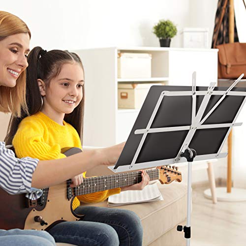 CAHAYA Sheet Music Stand Portable Folding Dual Use Desk Book Holder White | Lightweight Stable Reinforced with Carrying Bag Clip for Student Musicians Travel Practice Height Adjust up to 54.3" - color: White, style: Standard Version