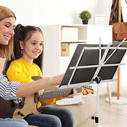 CAHAYA Sheet Music Stand Portable Folding Dual Use Desk Book Holder White | Lightweight Stable Reinforced with Carrying Bag Clip for Student Musicians Travel Practice Height Adjust up to 54.3" - color: White, style: Standard Version