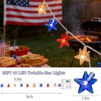 Red White Blue Patriotic String Lights 20FT 40 LED Star Fairy Lights USB and Battery Operated 2 Lighting Modes IP42 Waterproof Indoor Outdoor All Season Americana Decor for Bedroom Desk Patio Camping - style: 4th of July Lights