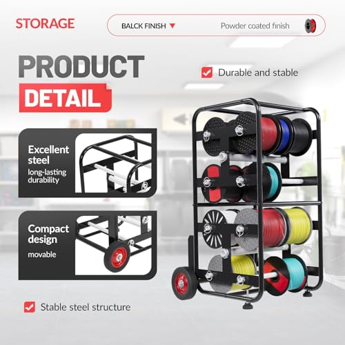 Wire Spool Holder Cart, Portable Wire Rack Dispenser with Wheel, 10 | Rods, 15X17X31" Display & Storage for Electrical Industrial & Retail Use - color: Black
