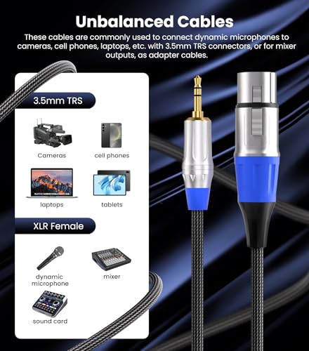 Tisino XLR Female to 3.5mm TRS Aux Unbalanced Microphone Cable, 3.3FT/1m | XLR Female to 1/8" Mini Jack Mic Cable For DSLR, Camcorder, Nylon Braid Gold-Plated Unbalanced Lead - size: 3.3 feet