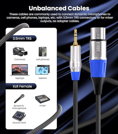 Tisino XLR Female to 3.5mm TRS Aux Unbalanced Microphone Cable, 3.3FT/1m | XLR Female to 1/8" Mini Jack Mic Cable For DSLR, Camcorder, Nylon Braid Gold-Plated Unbalanced Lead - size: 3.3 feet
