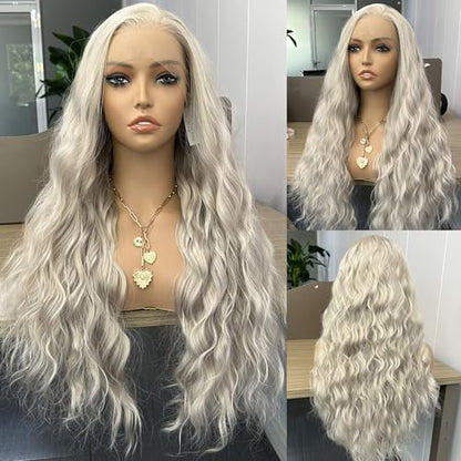 RONGDUOYI Ash Blonde Synthetic Lace Front Wigs for Women 13x4 Long Deep Curly Wave Light Grey Wig Middle Part Natural Hairline Daily Wear Cosplay 24Inch - color: Ash Blonde 4503