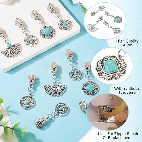 Sparkeads 16Pcs Turquoise Alloy Zipper Replacement Slider,Antique Silver Zippers Sliders for Sewing,Metal Zipper Pull Replacement for DIY Craft Bag Luggage Clothing Wallet Jacket Supplies-Circular - style: Circular