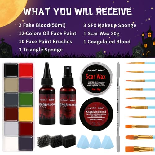 Depvision SFX Makeup Kit Halloween Makeup Set Professional Face Body Paint Special Effects Makeup Set with Fake Blood Scar Wax Oil Body Paint Sponges Brushes for Halloween Party SFX Cosplay