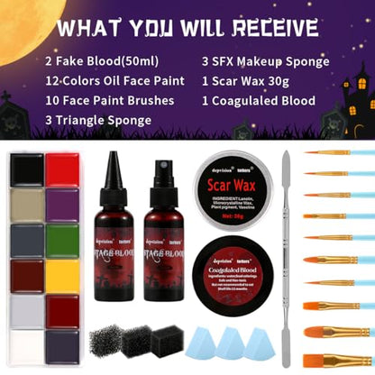 Depvision SFX Makeup Kit Halloween Makeup Set Professional Face Body Paint Special Effects Makeup Set with Fake Blood Scar Wax Oil Body Paint Sponges Brushes for Halloween Party SFX Cosplay