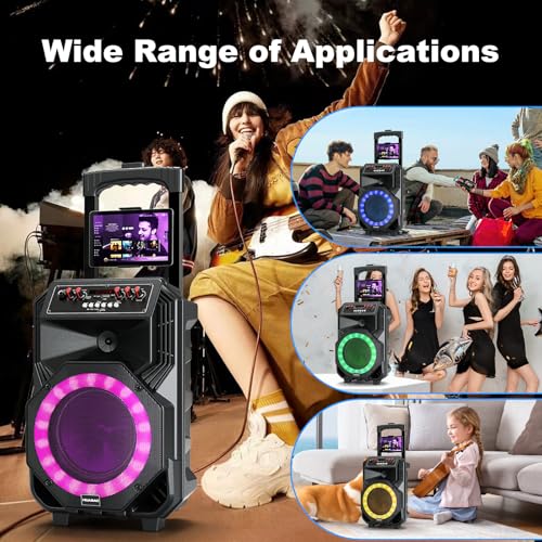 Karaoke Machine with 2 Wireless Microphones, Rolling Wheels and Trolley | 8800mAh Portable Bluetooth Speaker, PA System with Lights, Adjustable Bass/Treble/Echo for Parties, Indoor and Outdoor Use