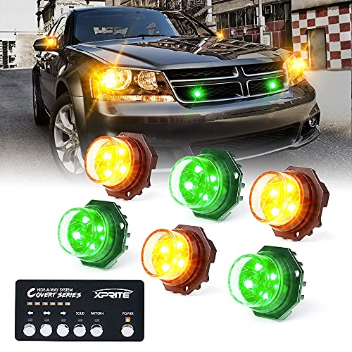 Xprite Amber Green LED Hideaway Strobe Lights Kit, 20 Flash Modes w/Control Panel Headlights Taillights Fog Light Interior Mounting for Construction Towing Snow Plow Pickup Work Trucks Cars 6 PCS - color: Amber Green, size: 6 pcs
