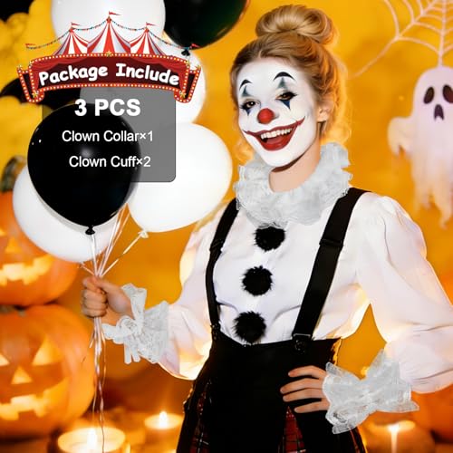 Clown Collar and Cuffs Set, White Black Lace Neck Ruffle Collar, Detachable Clown Costume Accessories - color: White and Black