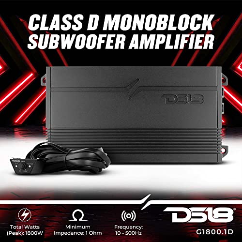 DS18 G1800.1D Car Audio Amplifier 1-Channel Class D Monoblock 1800 Watts - Remote BASS Knob Included - Easy Installation - Compact and Powerful Design - style: 1800 Watts Monoblock