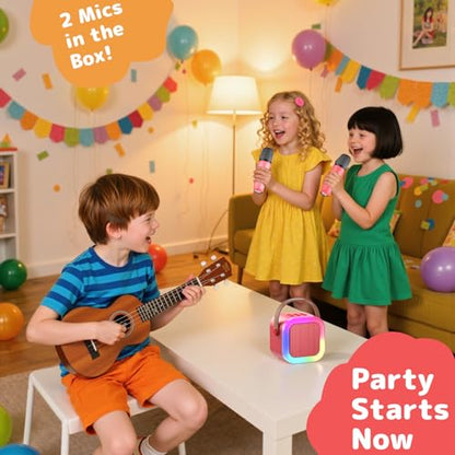 Karaoke Machine for Kids Adults, Mini Karaoke Machine with 2 Wireless Microphones, Portable Bluetooth Speaker with Voice Changing Effects & LED Lights, Best Gifts Toys for Girls and Boys - color: Red