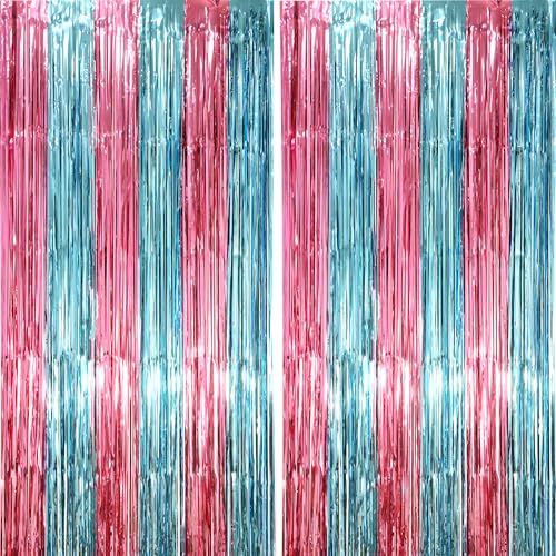 Voircoloria Blue Pink Foil Fringe Backdrop Curtains,3.3x6.6ft, 2 Pack - color: Blue and Pink
